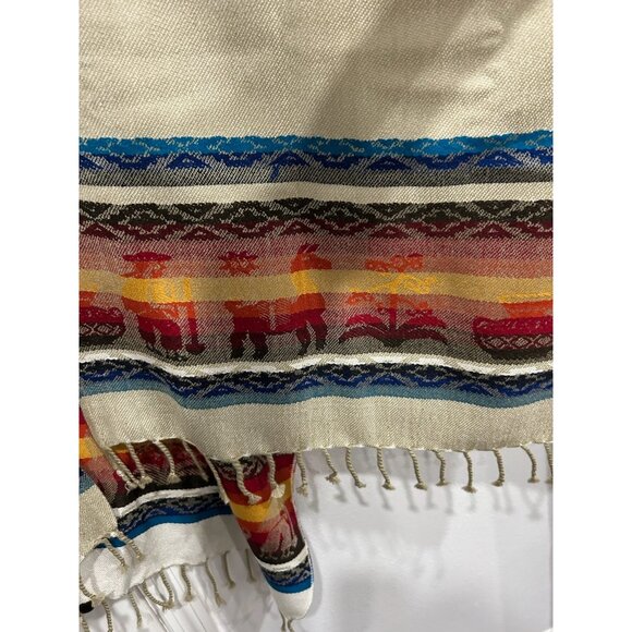Southwestern Style Beige Poncho With Multicolor Pattern & Fringe Details - Picture 4 of 6